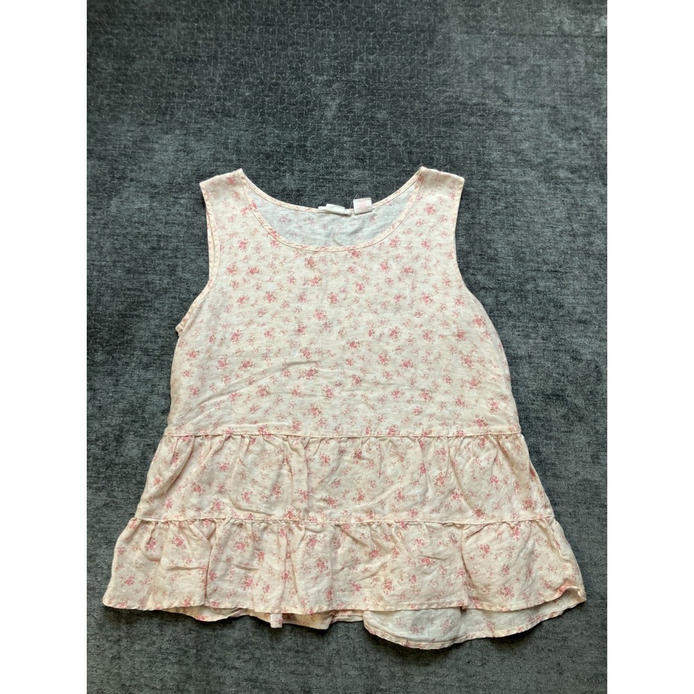 Shabby Chic Tank Top Women XS Pink Floral Linen Tiered Ruffles Round Neck Casual